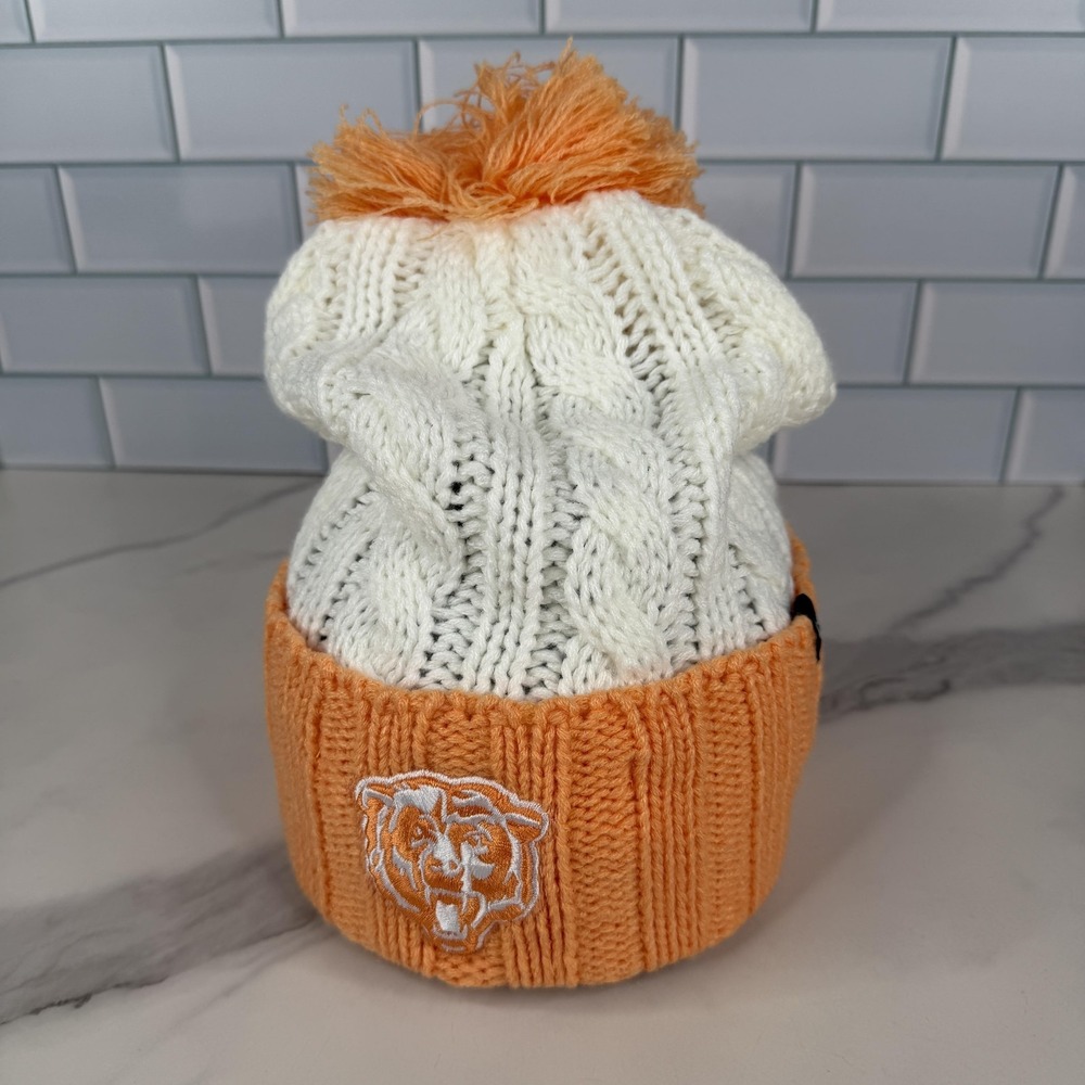 Chicago Bears Hat Beanie Womens Orange White Cuff Knit NFL Football Pom